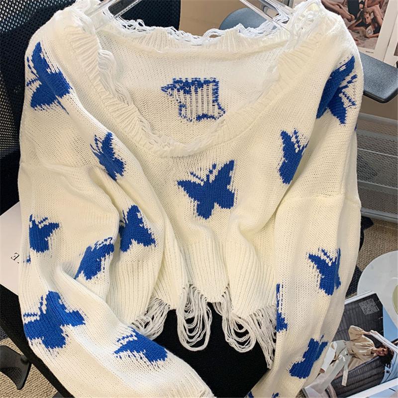 

Women' Sweaters Korean Fashion Butterfly Knitted Woman Sweet Oversized Cropped Tops Off Shoulder Casual Loose Jumper SweaterWomen, White
