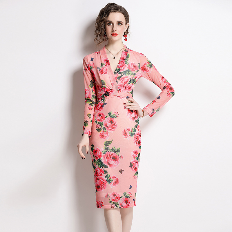

2022 Spring Summer Women Dress Sexy V Neck Fashion Floral Printing Vestidos Elegant Lady Sliming Bottom Dresses, As pictiure