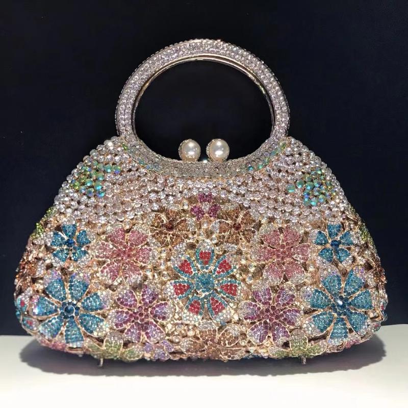 

Bags Large Capacity Flower Rhinestone Top-Handle Wedding Purses Luxury Diamond Long Chain Shoulder Party Prom Handbags Crystal Clutch, Silver