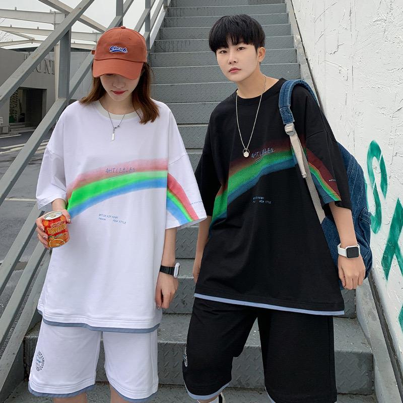 

Men's Tracksuits Summer Men's Suit 2022 2-piece Set T-shirt Shorts Rainbow Print Casual Sportswear Jogging 5XLMen's, Beige