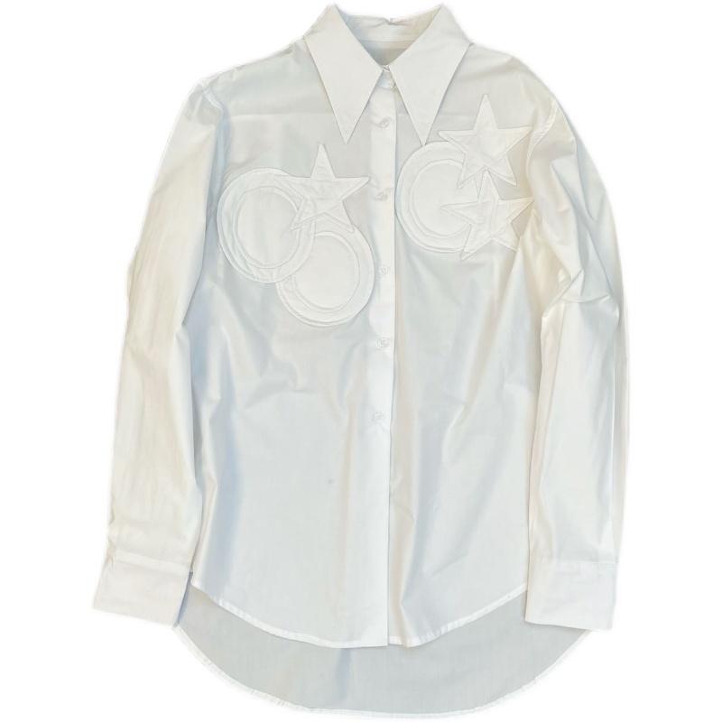 

Women' Blouses & Shirts ZCSMLL Spring 2022 Lapel Long-sleeved Three-dimensional Five-pointed Star Circle Patch Design Niche Loose Women Shi, White