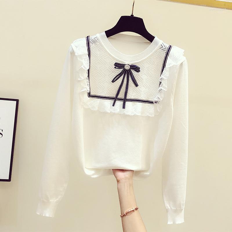 

Women's Sweaters 2022 Autumn Winter Fashion Sweater Tops Female Lace Stitching Hollow Round Neck Knitted Shirt Pullovers Jumper Perf22, White