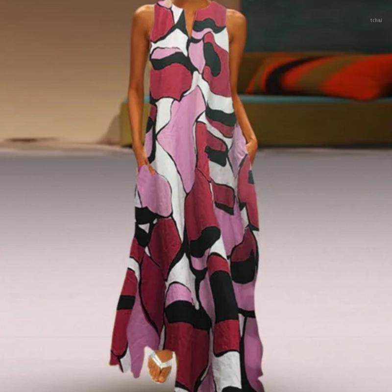 

Casual Dresses Bohemian Maxi For Women Plus Size Clothing Summer 2022 Printing V-Neck Sleeveless Loose Waist Fashion Dress Y2K, Yellow dress