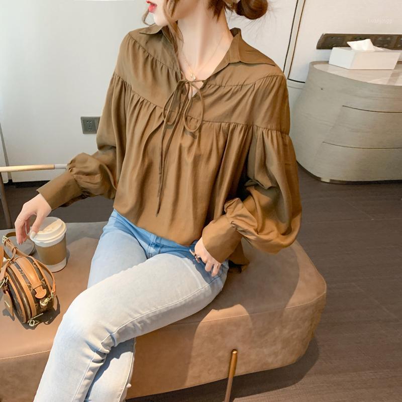 

Woman Good Quality Feminina Women' Vintage Blouse Fashion Clothes 2022 Spring White Chiffon Shirts Female A6100 Blouses, Brown