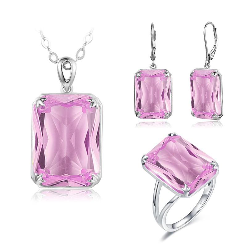

Bracelet Earrings & Necklace Real Jewelry Sets Silver 925 Womens Sterling Set Pendant Ring Pink Crytals Gemstones Fine JewelryBracelet, As pic