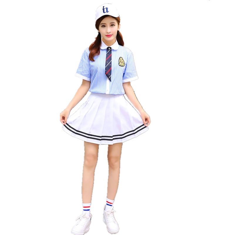 

Clothing Sets British Japanese School Uniform Girls Cotton Striped Shirt Skirt Korean Class Uniforms Men Female Student Set SummerClothing, Grils set 2
