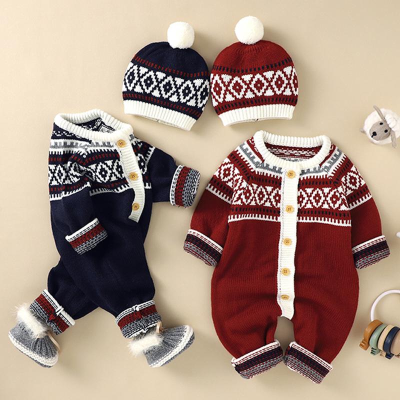 

Jumpsuits Autumn Christmas Infant Kids Baby Clothes Rompers Boy Girl Long Sleeve Knit Jumpsuit Hat Born RompersJumpsuits, 82w790 dark green