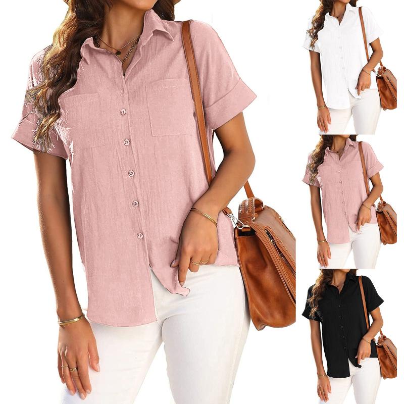 

Women' Blouses & Shirts Women Office Shirt Summer Tops Short Sleeve Lapel Tee Solid Color Casual Blouse Linen Button Long Sports TshirtWome, Pink
