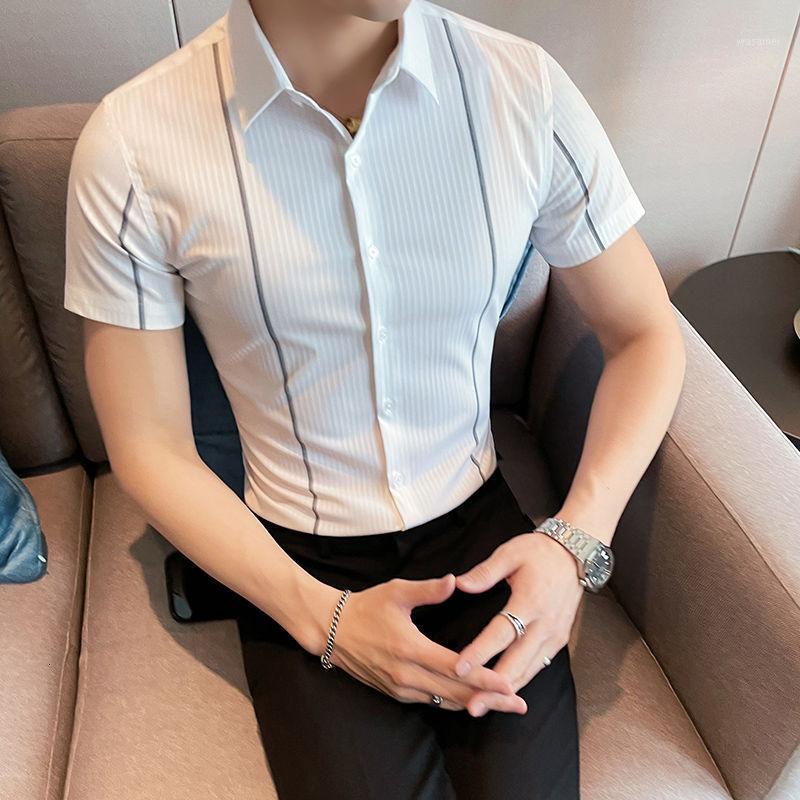 

Summer British Business Slim Fit Short Sleeve Shirt Men's Stripe Moda Hombre 2022 Black White Man Shirts High Quality Casual