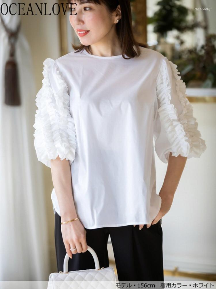 

Women' Blouses & Shirts Puff Sleeve Blusas Solid White Ruffles Japan Style Spring Summer Women Vintage Loose Retro Ropa Mujer TopsWomen' C