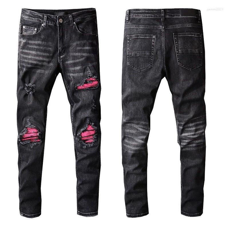 

Men's Jeans Men's High Street Fashion Brand Casual Black Ripped Male Red Patch Stretch Slim Denim Pants For Men 806Men's