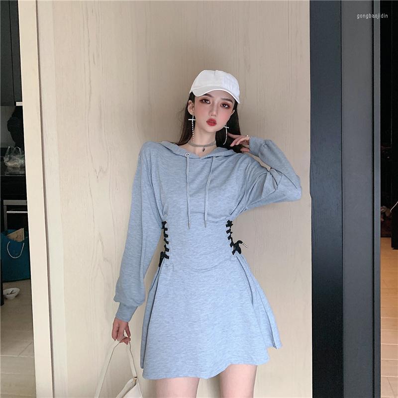 

Casual Dresses Wenfly Women Hooded Long Sleeve Lace-up Waist Slim Sports Student A-line Mini Fall Dress Preppy, Black