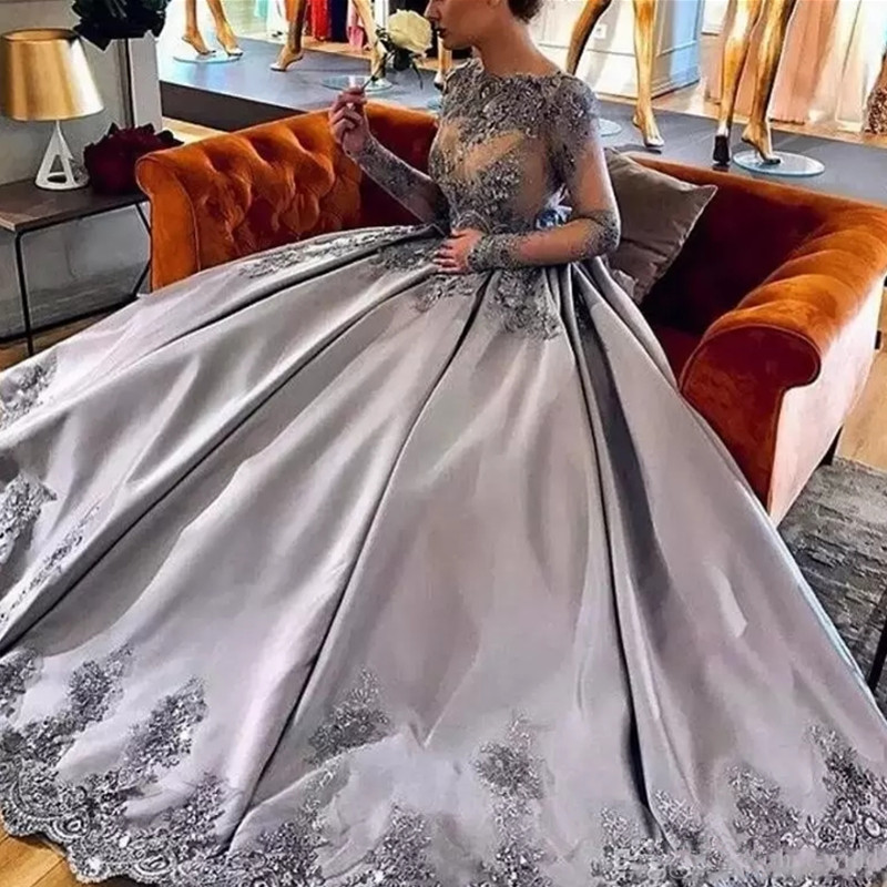 

Amazing Silver Long Sleeves Ball Gown Quinceanera Dresses 2022 New Lace Appliques Formal Prom Evening Gowns Luxury Pageant Celebrity Gowns, Blue