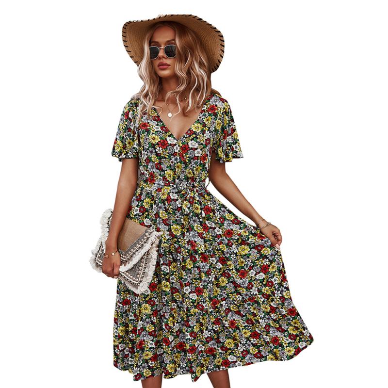 

Casual Dresses Women Sexy V Neck Button Long Dress Elegant Summer Lady Short Sleeve Slit Maxi Fashion Floral Print Beach Party DressCasual, Black