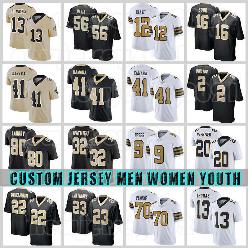 

41 Alvin Kamara 23 Marshon Lattimore 12 Chris Olave Football Jerseys Tyrann Mathieu Chauncey Gardner-Johnson Michael Thomas Saints Jarvis Landry Drew Brees, Custom men +patch(shengtu)