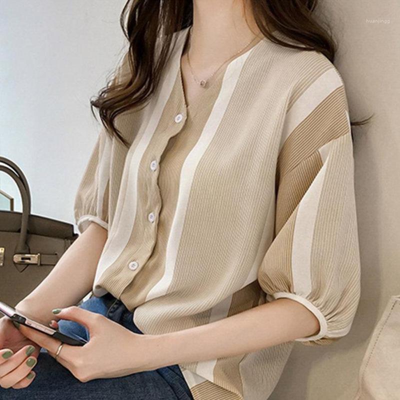 

Women's Fashion Short Sleeve Colorblock Striped Blouse Summer Loose Casual V-neck Ladies Shirts Women Tops Plus Size -2XL Blouses, Black