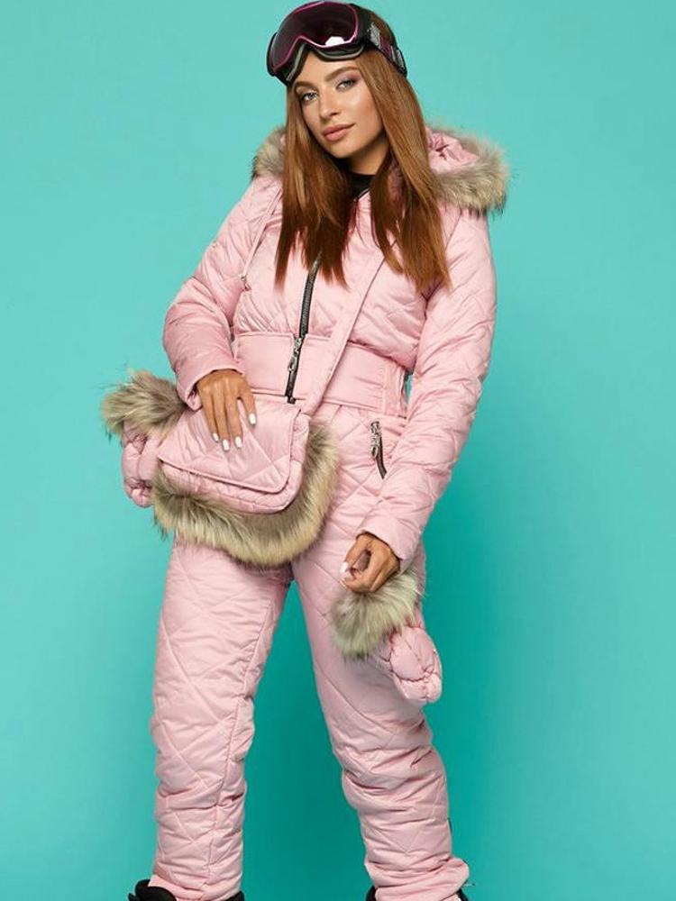 

Women' Trench Coats Winter Ski Jumpsuit Women Fur Collar Hooded Snowsuit Warm Outerwear Zip Up Overalls Elastic Waist One Piece Snowboard, Pink