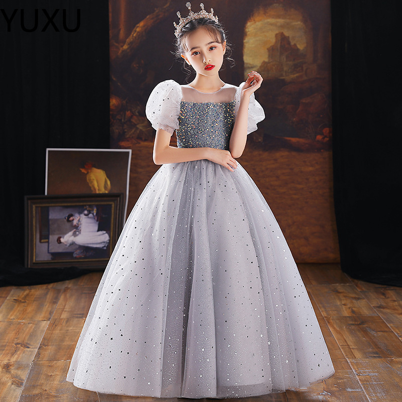 2022 Princesse Blanc Jewel Cou Robes De Fille De Fleur Volants Une Ligne Satin et Organza Pas Cher Petite Fille Robe pour Mariage Paillettes Page