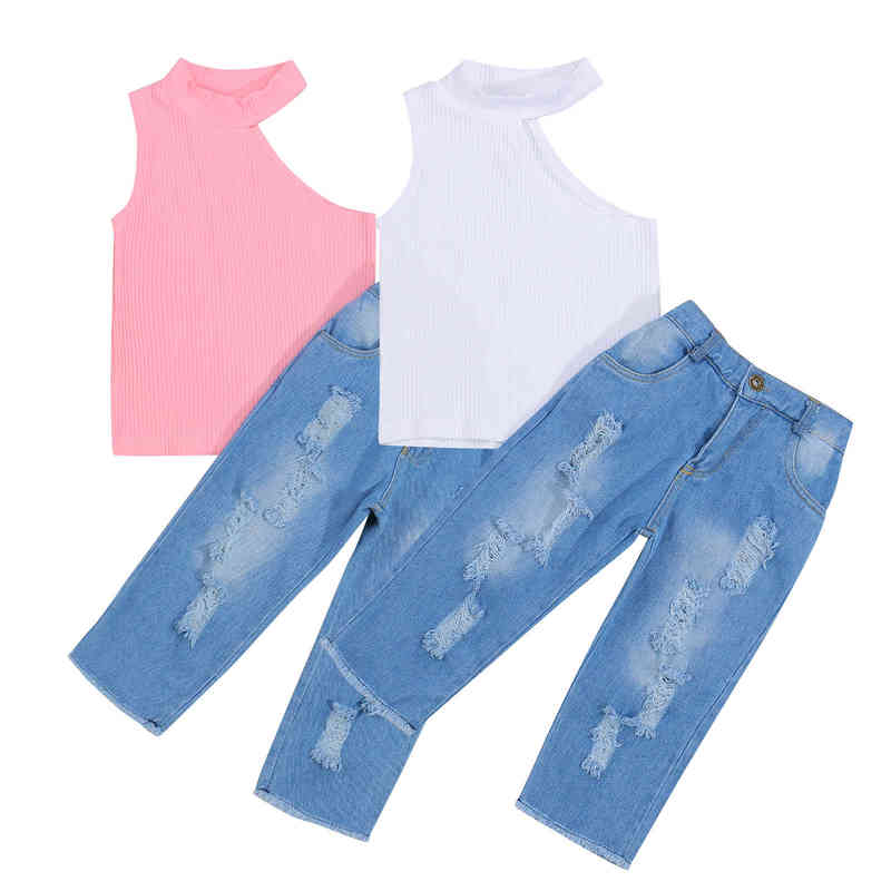

Citgeett Summer Kid Baby Girls Sleeveless Top Ripped Denim Pants Irregular Casual Style Clothing Set J220712