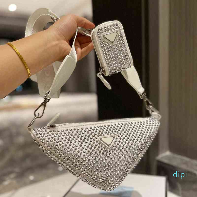 

2022-Designer Triangle Bag Shoulder Bags Purse Tote Luxury Full Rhinestones Diagonal Crossbody Genuine Leather Women's Evening Letter, Pic 2-green leather