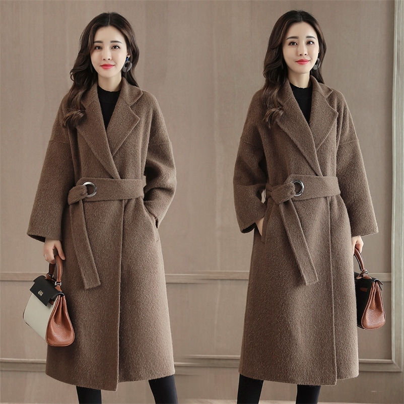 

Women's Wool Blends Winter Office Lady Belt Women Long Winter Wool Blend Coat Turn-down Collar Wool Coat And Jacket Loose Solid Outerwear 220826, Coffee