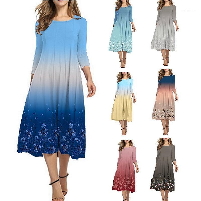 

Casual Dresses 2022 Autumn Long Dress Women Sleeve Floral Print Gradient Color Loose O-Neck Oversized, Sky blue gradient