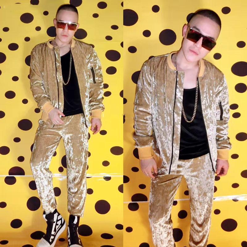 

Stage Wear Champagne Gold Diamond Velvet Suit Men Jacket Leggings Pants Flash Hip-Hop Dance Festival Outfit Rave Gogo Costume XS2470Stage, Only pants