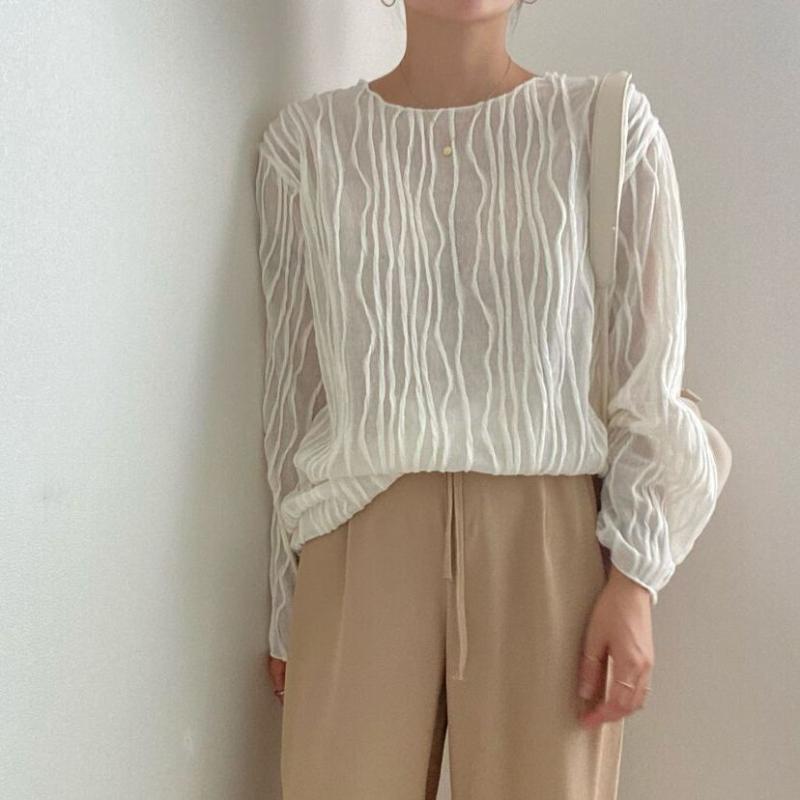 

Women's Blouses & Shirts HziriP Autumn OL Folds O-Neck Shoulder Pads Stylish Women Fashion 2022 Slim Casual All Match Sweet Solid, White