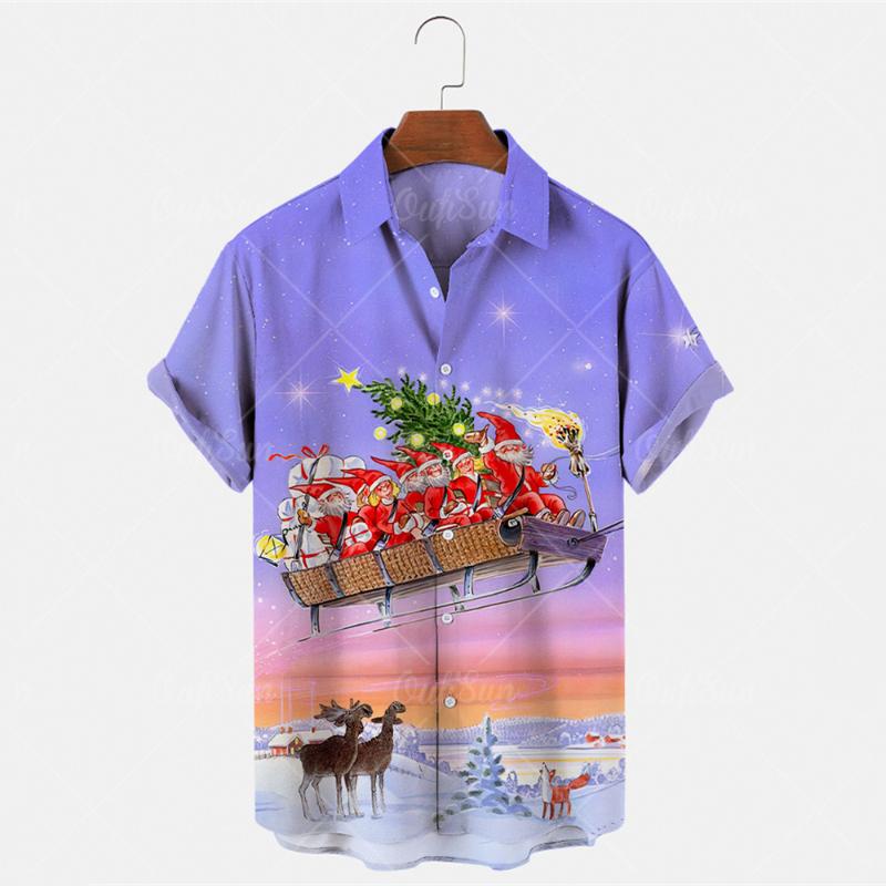 Men's Casual Shirts Fashion Men's Short Sleeve Hawaiian Shirt Tops Christmas Santa 3D Print Blouse Large Size Summer Beach For Men 5XLMe
