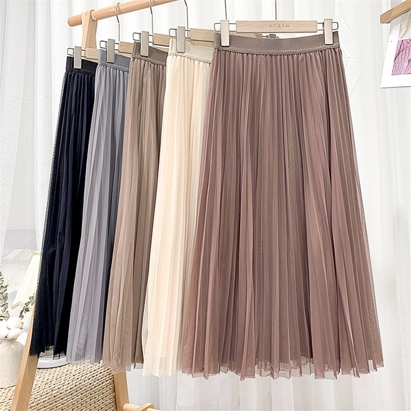 

Croysier Women Long Tulle Pleated Skirt Spring Summer Elastic High Waist s Elegant Mesh Midi Clothes 220322, Beige