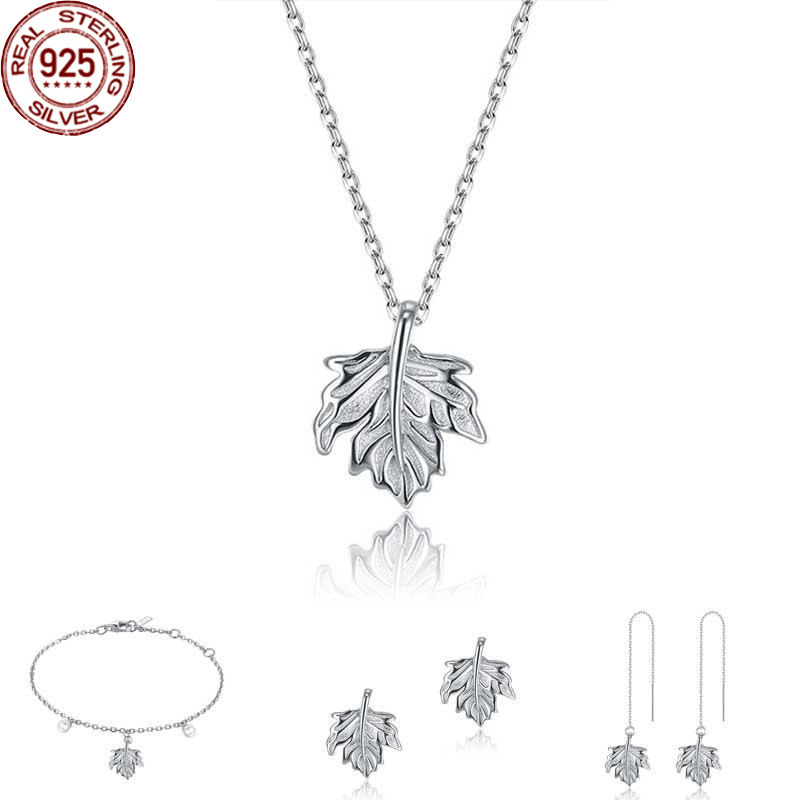 

New S925 Maple Leaf Earrings Necklace Ins Hot Selling Simple Leaves Sterling Silver Accessories Three Piece Set for, White