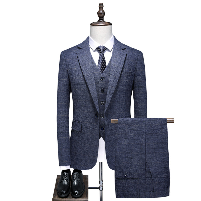 

New men's suit autumn solid color slim plaid casual business large size suit single row one button professional formal three-piece, Gray