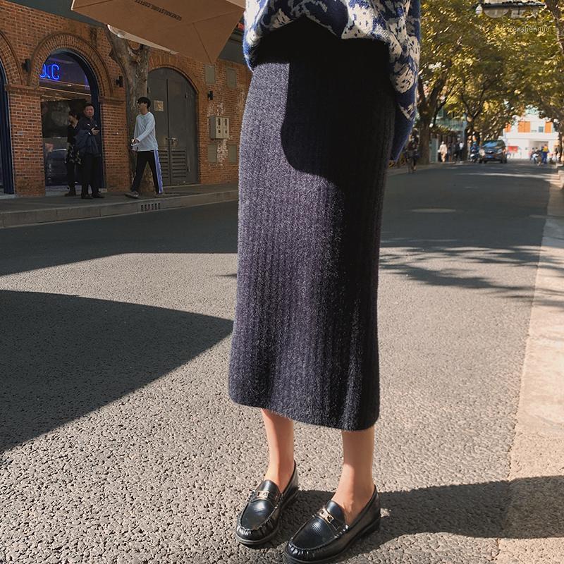 

Mink Like Medium Length Split Knitted Skirt Skirts, Black