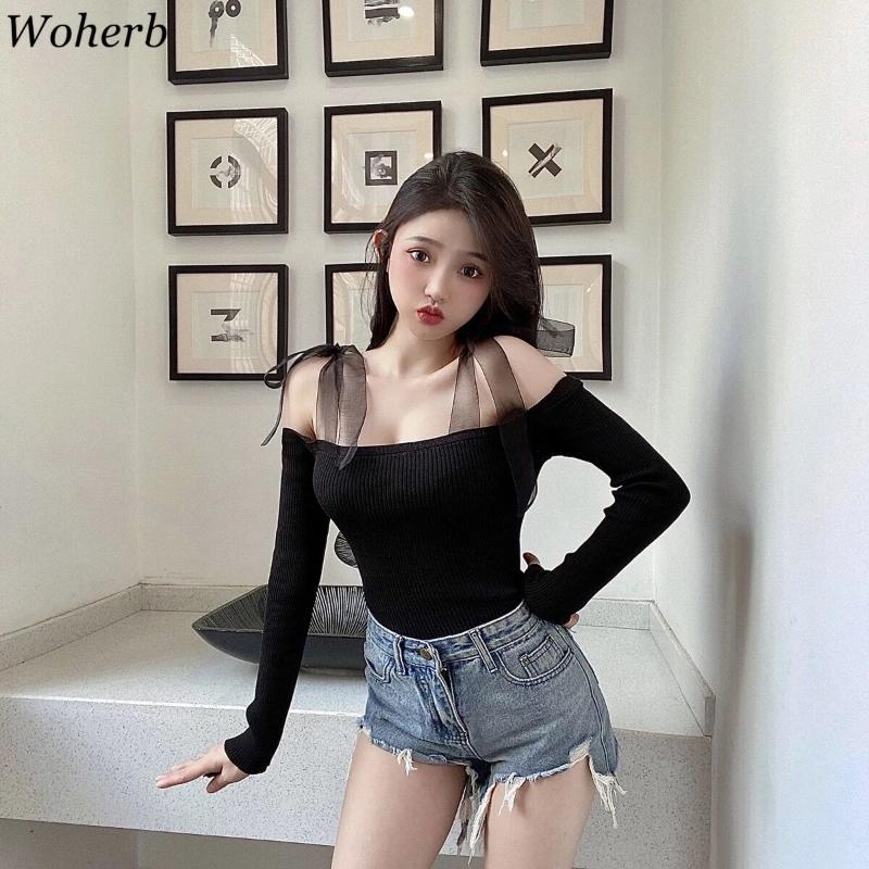 

Women's Sweaters Woherb Mesh Patchwork Bandage Off Shoulder Knitwear Women 2022 Autumn Thin Sexy Slim Pullover Sweater Korean Fashion Jumper, White;black