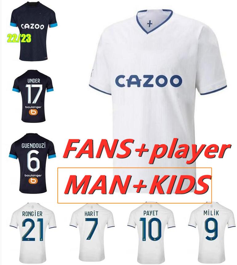 

Olympique De Marseilles GUENDOUZI soccer jerseys 2022 2023 OM Maillot Foot PAYET CLAUSS BAKAMBU under MILIK Football jersey 22 23 KONRAD MILIK shirts Men Kids Kit