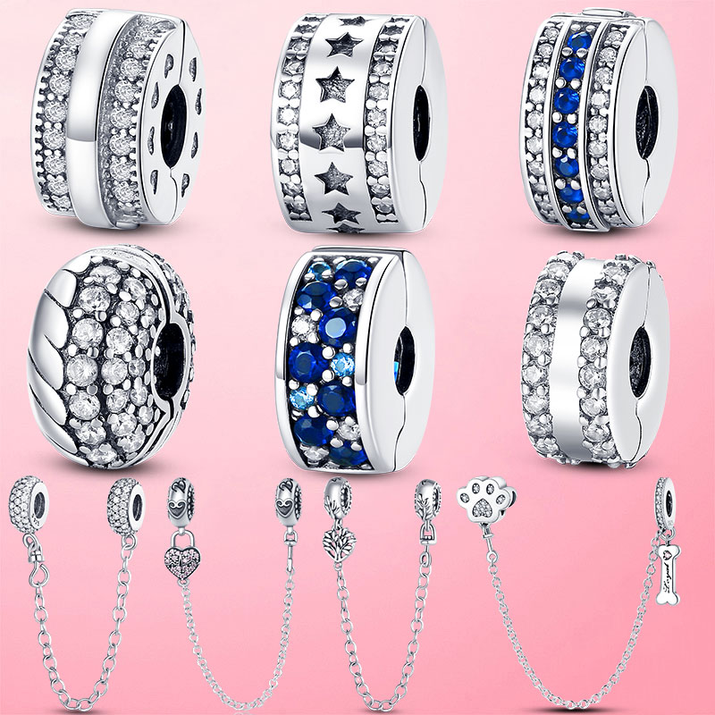 925 Argent Charme Perles Balancent Chaîne De Sécurité Clip Charmes Étoile Perles Bouchon Perle Fit Pandora Charmes Bracelet DIY Bijoux Accessoire