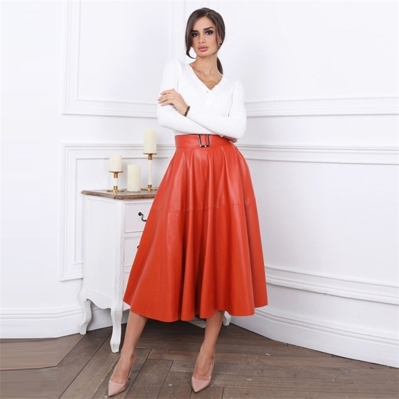 

Moarcho Women Pu Leather A-Line Skirts Summer Solid Color Belt Fashion Office Lady Elegant Party Club Skirt Arrival 220401, Orange