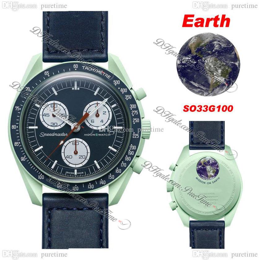 

Bioceramic Moonswatch Swiss Quqrtz Chronograph Mens Watch SO33G100 Mission to Earth 42mm Real Green Ceramic Blue Dial Nylon Strap 290c, So33t10