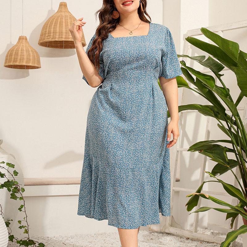 

Plus Size Dresses For Women 2022 Big 4XL5XL Short Sleeve Square Collar Floral Dress Elegant Midi Party ClothingPlus, 04 blue