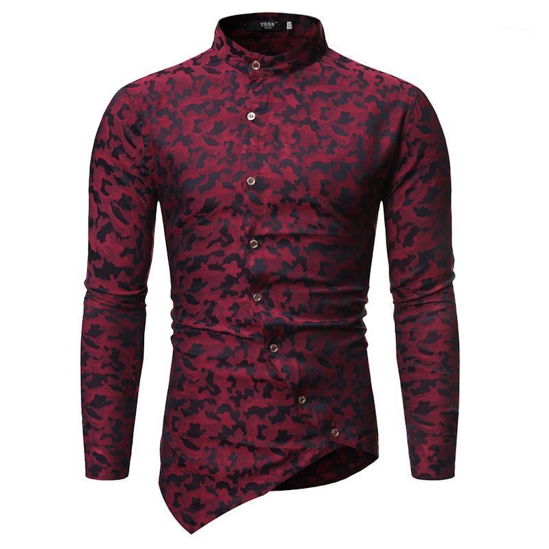 

Men Brand Creative Fashion Personality Long-sleeve Printing Stand Collar Business Casual Shirt Long Sleeve Shirts Men's, Red
