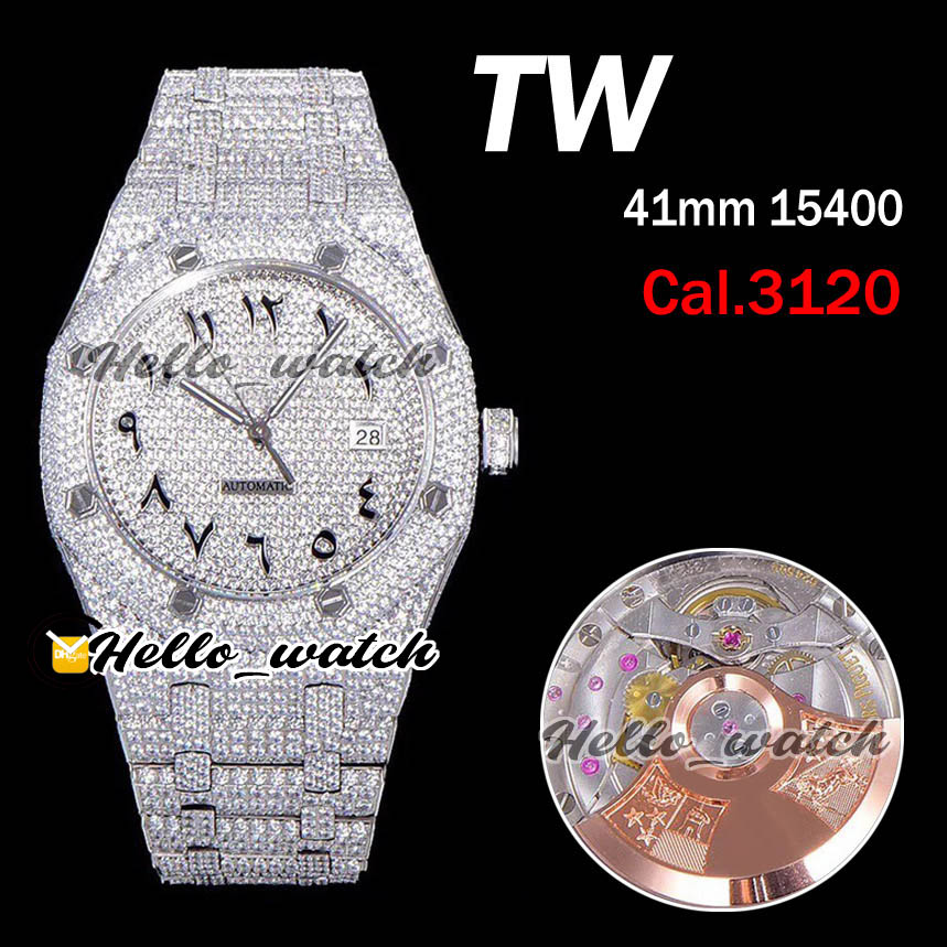 2022 V2 15400 A3120 Automatic Mens Watch Paved Diamonds Arabic Script Fully Iced Out Watches Stainless Steel Bracelet Super Luxury Edition Bling