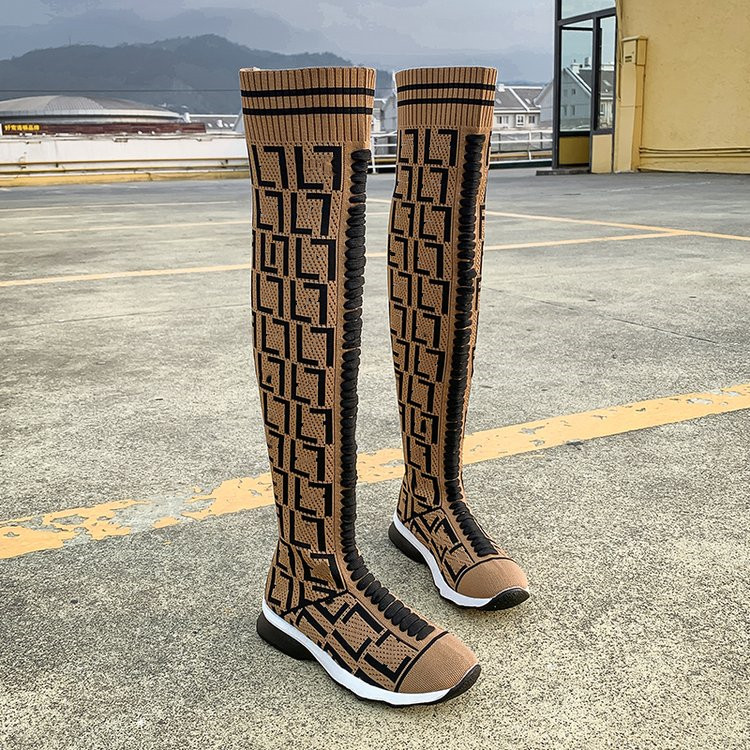 

Women's Over The Knee Boots 2022 Knitted Autumn Fashion Female Platform Boot Splicing Ladies Sock Shoes Woman Long Boots size -43, Brown