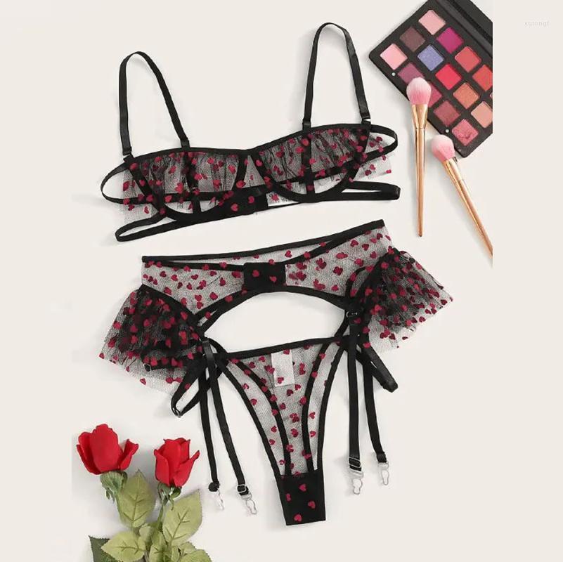 

Bras Sets Sexy Exquisite Lace Lingerie Bra Garter Briefs Set Babydoll Cut-Out Sleepwear And Panty Feminina, Burgundy