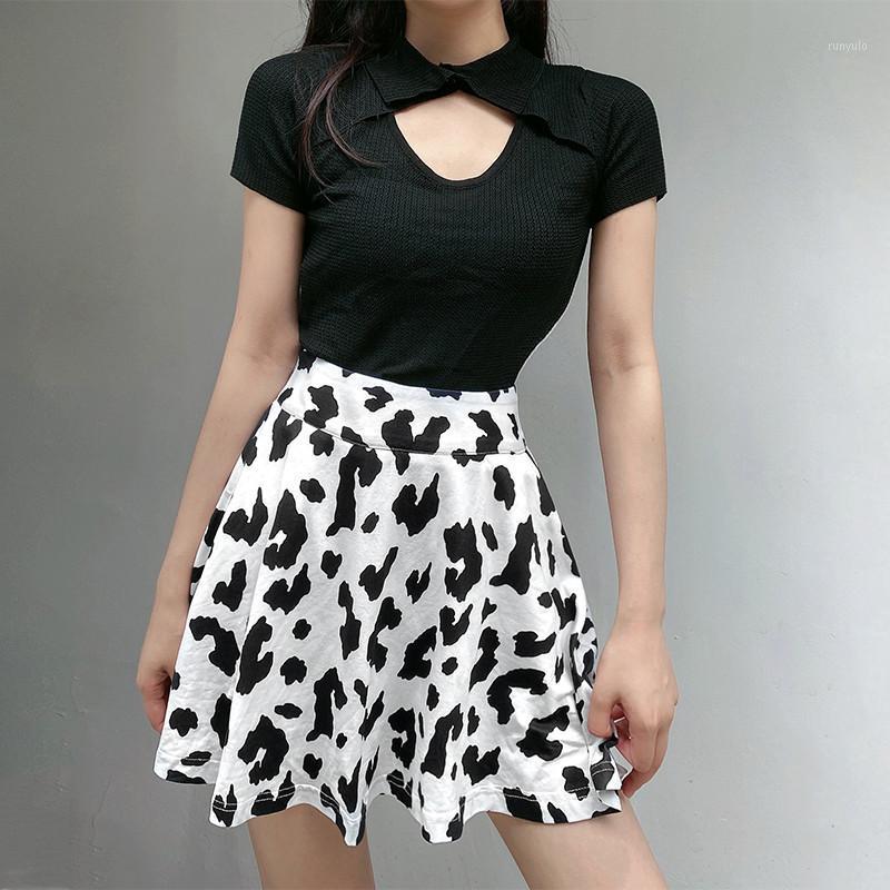 

Women Summer Mini Skirt Casual High Waist White Cow Print A-Line Holiday Party Skirts, Black