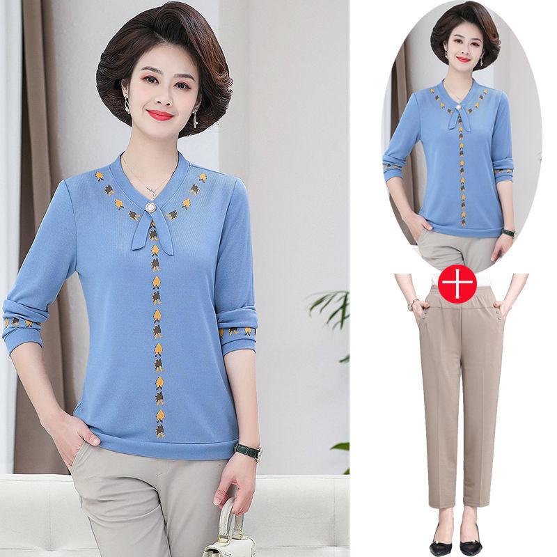 

Women's Two Piece Pants Spring Autumn Printed 2 Sets Women 5XL V-neck Top High Waist Suits Korean Casual Clothing Womens Set Femme E259Women, Blue 1