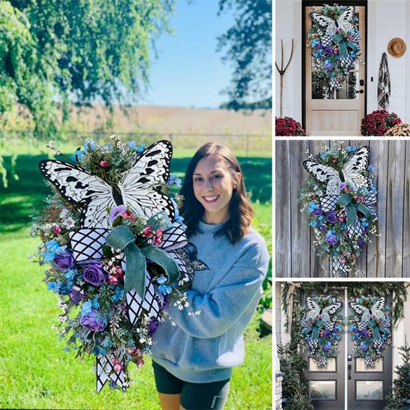 

Decorative Flowers & Wreaths Welcome Butterfly Wreath Garland Spring Pendant Decoration For Front Door Home Living Room Drop, Blue