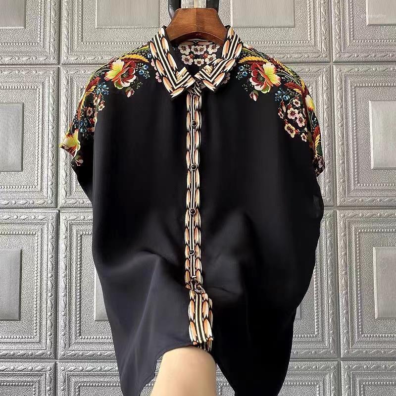 

Women' Blouses & Shirts Black Printed Imitation Silk Shirt Women' 2022 Summer Design Light Tops MujerWomen' Chee22, Pic