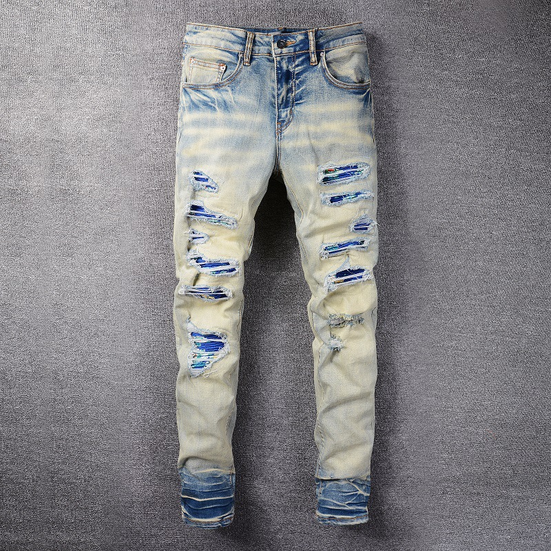 High street jeans fashion brand motorcycle fluctuating male personality hole patch jeans retro trend slim Leggings