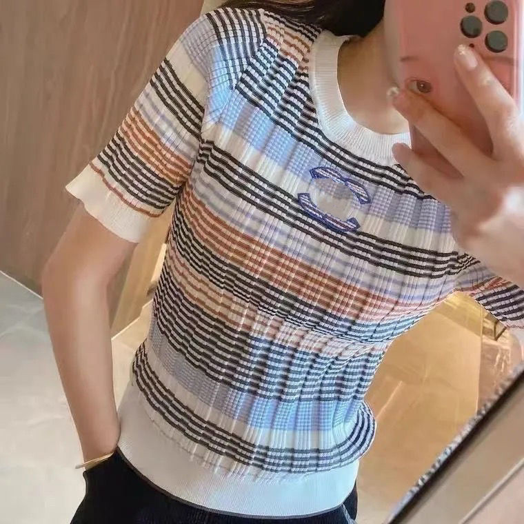 Designer Top Girl Knits Womens T-Shirt Fashion Overdyed Tees Women Clothing Classic With Letters Embroidery Stripe High Waist Half Sleeve Slim Knitt