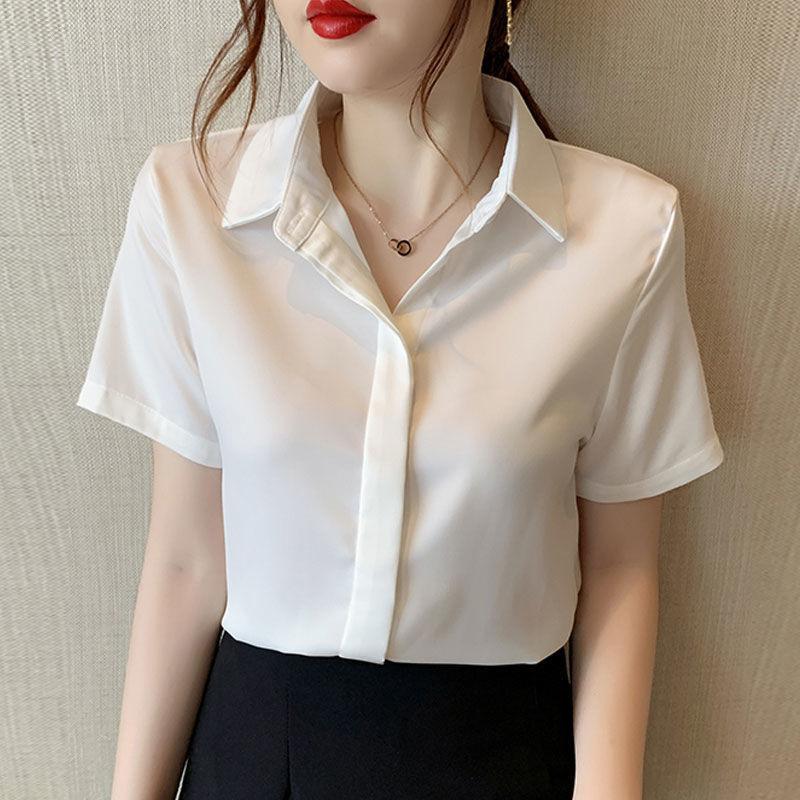 

Women' Blouses & Shirts Acetate SATIN Short Sleeve White Solid Color Office Lady For Women Clothing Korean Fashion -Neck Button Up ShirtWom, Blue